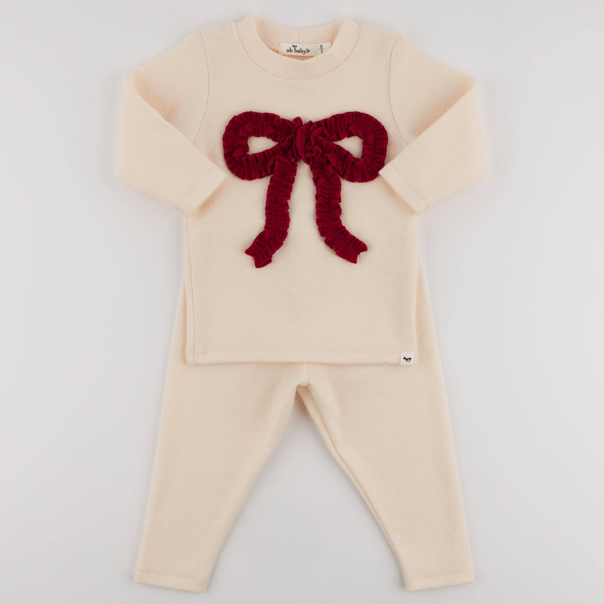 Berry Ruffle Bow Baby Rib 2pc Set: Natural / 3-6 mo