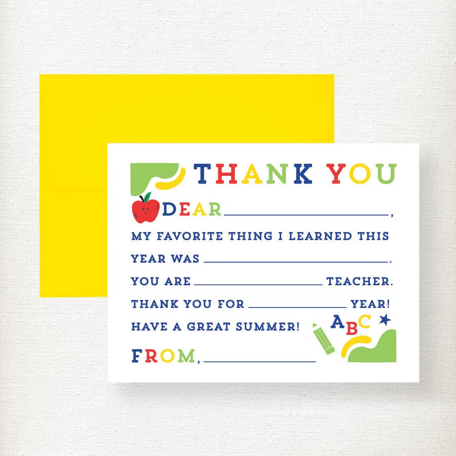 Kids Teacher Fill in Thank You Note Card
