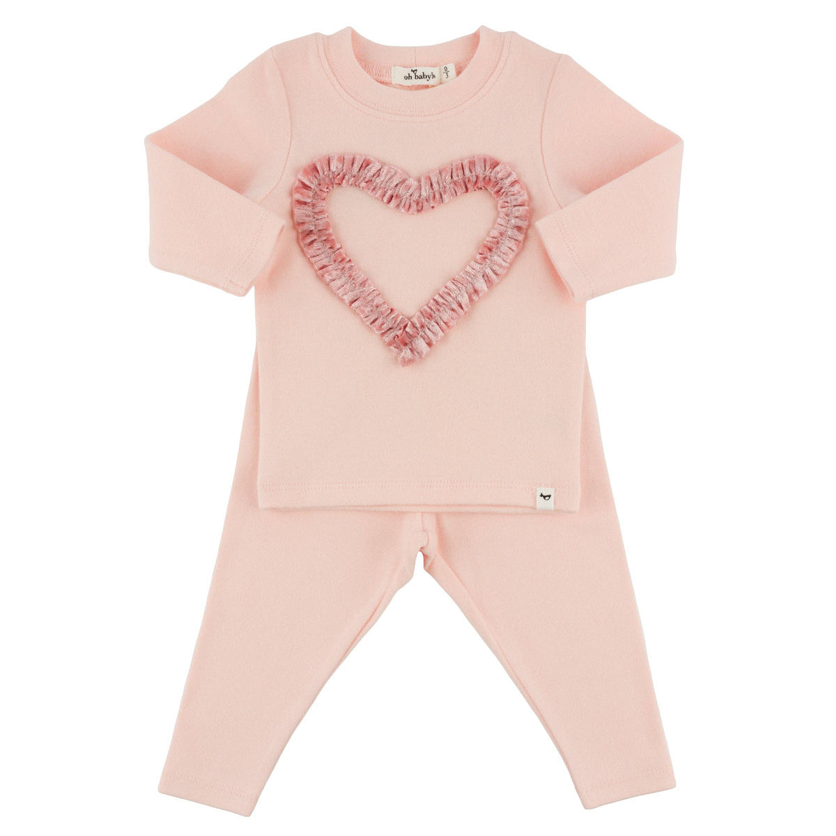 Pink Velvet Ruffle Heart Baby Rib 2pc Set: Pale Pink / 3-6 mo