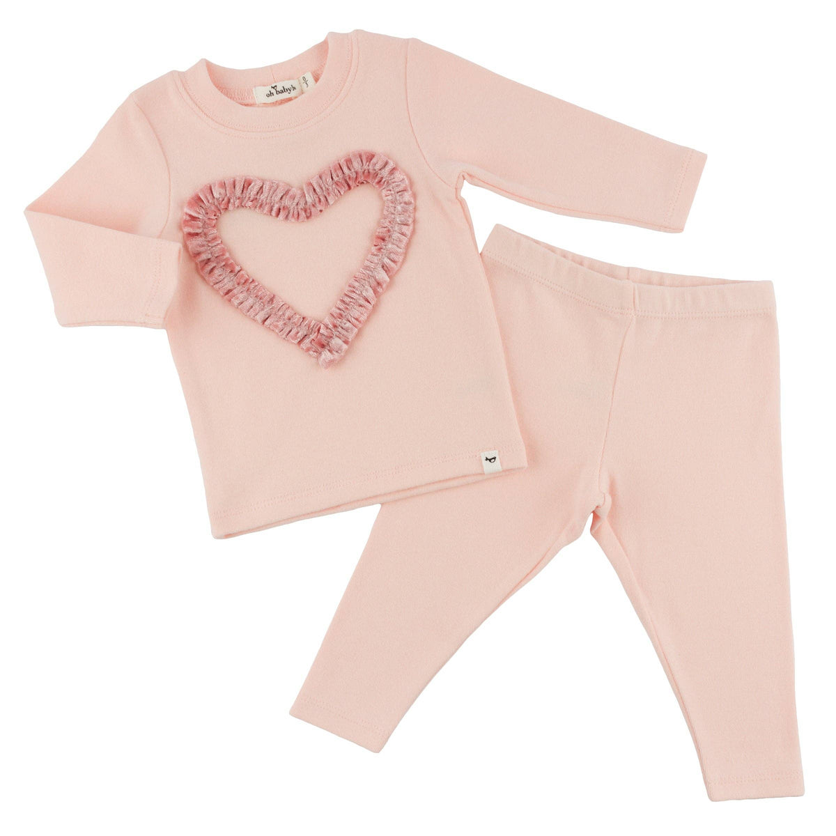 Pink Velvet Ruffle Heart Baby Rib 2pc Set: Pale Pink / 3-6 mo