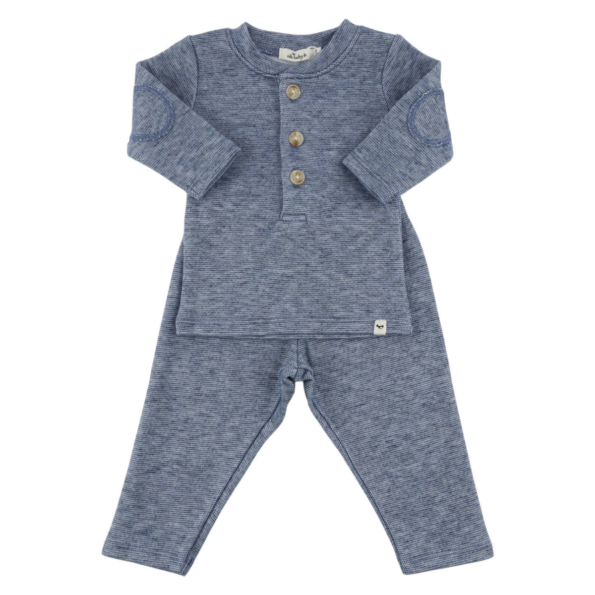 Honeycomb Henley Elbow Patch 2pc Set: Denim / 6-12 mo
