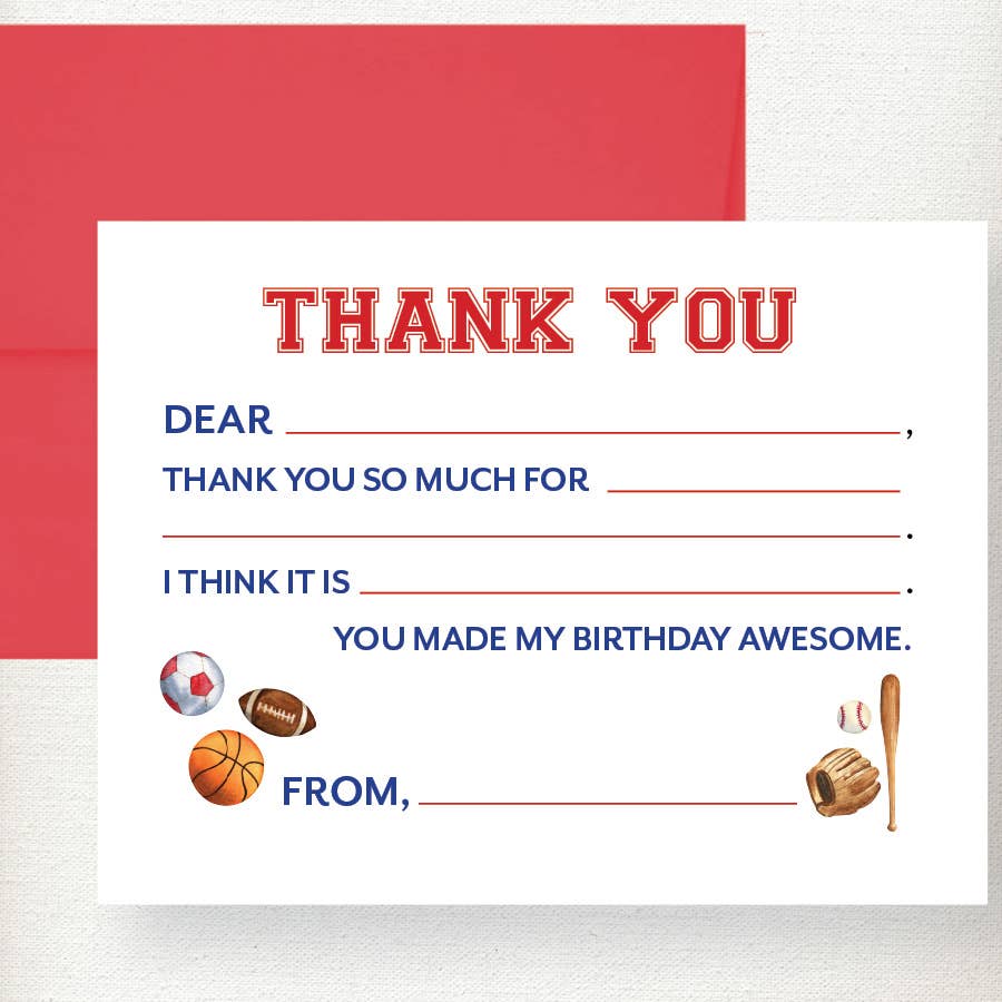 Kids Sports Fill in Thank You Note Card