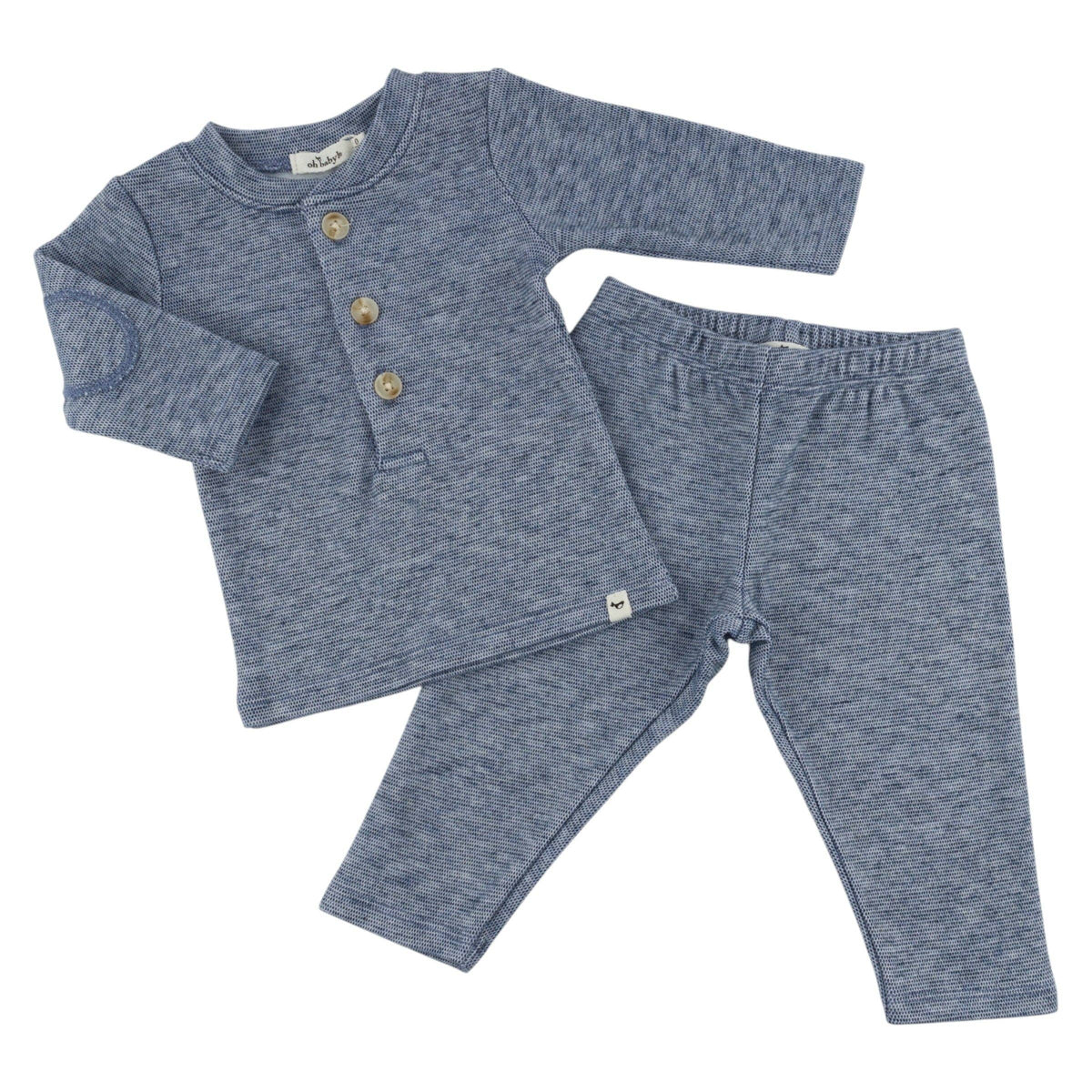Honeycomb Henley Elbow Patch 2pc Set: Denim / 6-12 mo