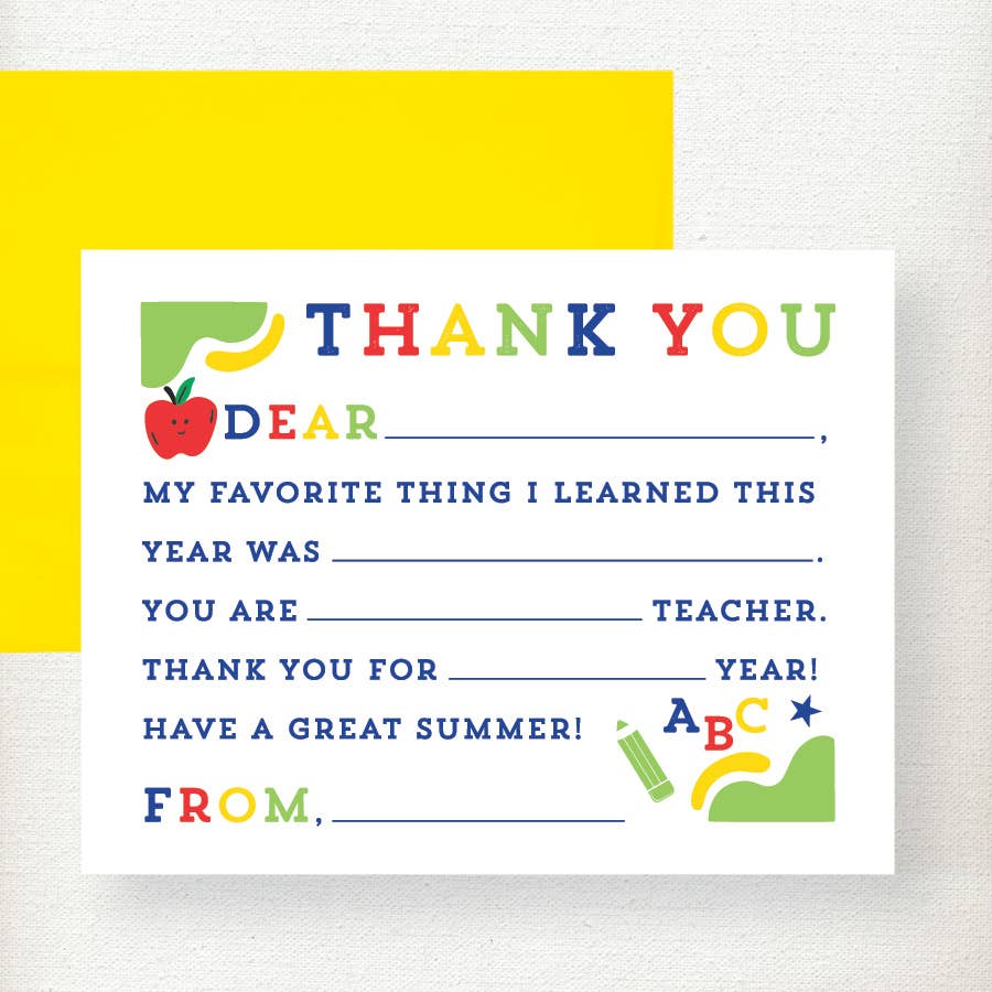 Kids Teacher Fill in Thank You Note Card